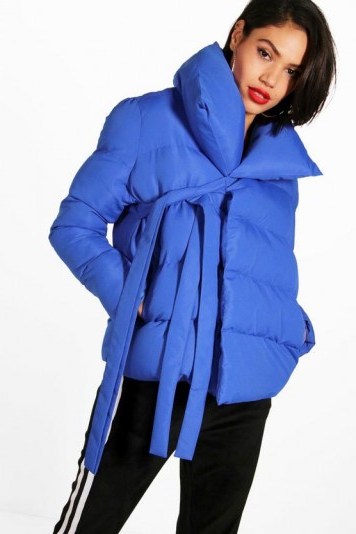 boohoo Hanna Oversized Collar Padded Tie Front Coat | stylish cobalt-blue winter coats - flipped