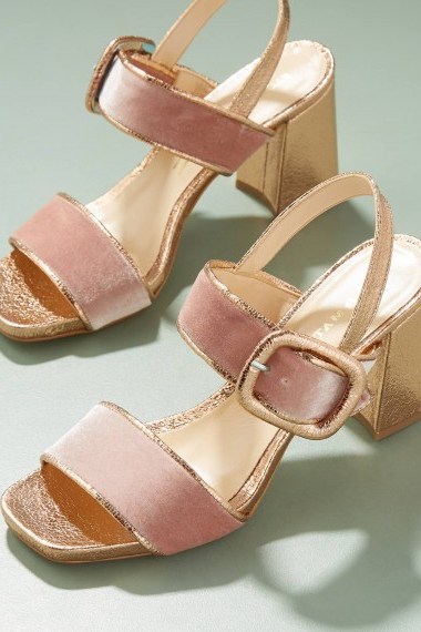 Paolo Mattei Harleigh Velvet Metallic Sandals / gold and pink chunky heel shoes - flipped