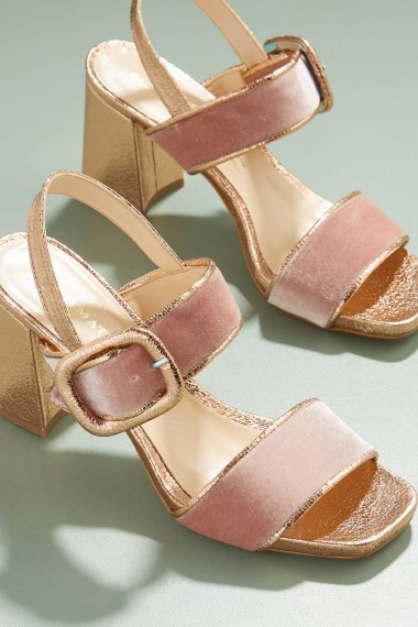 Paolo Mattei Harleigh Velvet Metallic Sandals / gold and pink chunky heel shoes