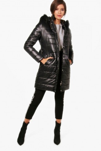 boohoo Harriet High Shine Padded Belted Coat | glossy black hooded winter coats
