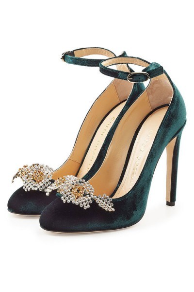 CHLOE GOSSELIN Helix Velvet Pumps with Embellishment – green ankle strap courts – luxe shoes - flipped