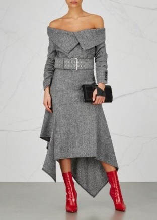 MONSE Herringbone belted wool dress ~ grey asymmetric dresses - flipped
