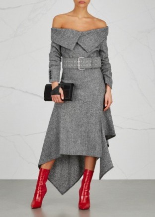 MONSE Herringbone belted wool dress ~ grey asymmetric dresses