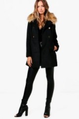 boohoo Hollie Faux Fur Collar Wool Look Coat – black winter coats – stylish outerwear