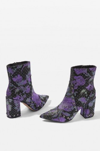 TOPSHOP HOP Ankle Boots – purple floral studded pointy toe boot - flipped