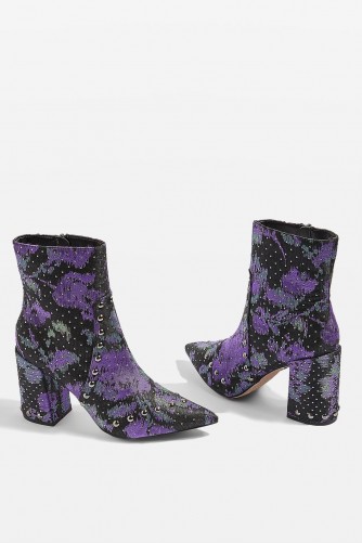 TOPSHOP HOP Ankle Boots – purple floral studded pointy toe boot