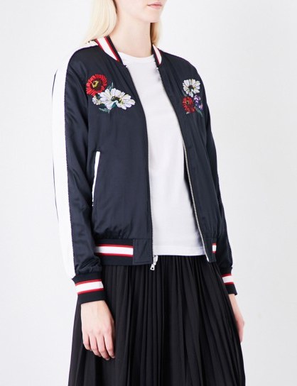 IZZUE Reversible embroidered satin bomber jacket | black floral back jackets - flipped