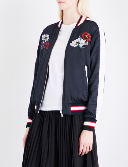 IZZUE Reversible embroidered satin bomber jacket | black floral back jackets