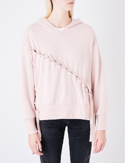 IZZUE Velvet lace-up jersey hoody | pale pink hoodies - flipped