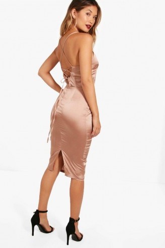 boohoo Izzy Satin Strappy Back Plunge Midi Dress ~ rose pink party dresses - flipped