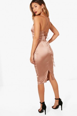 boohoo Izzy Satin Strappy Back Plunge Midi Dress ~ rose pink party dresses