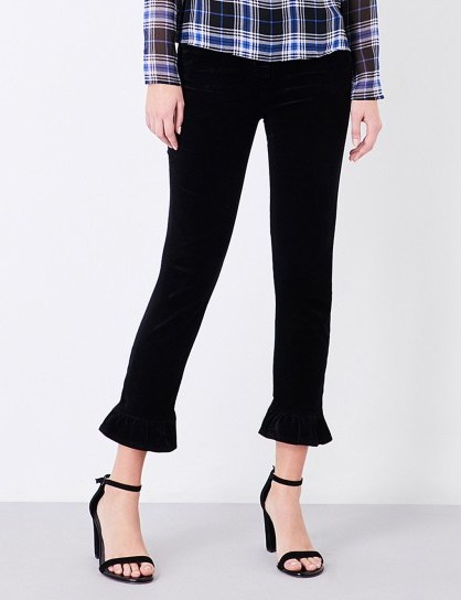 J BRAND Ruby skinny high-rise velvet jeans | black cropped frill hem trousers - flipped