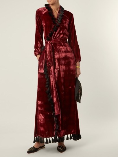 RHODE RESORT Jagger tassel-trimmed velvet wrap dress ~ long red luxe dresses - flipped