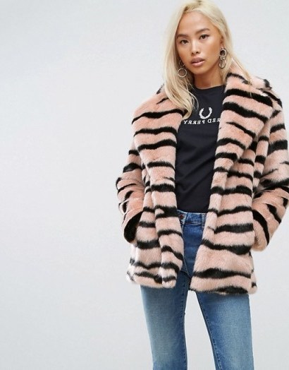 Jakke Mid Length Faux Fur Coat In Animal Stripe | pink tiger striped winter coats | luxe style jackets - flipped