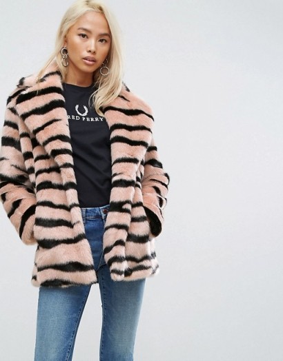 Jakke Mid Length Faux Fur Coat In Animal Stripe | pink tiger striped winter coats | luxe style jackets