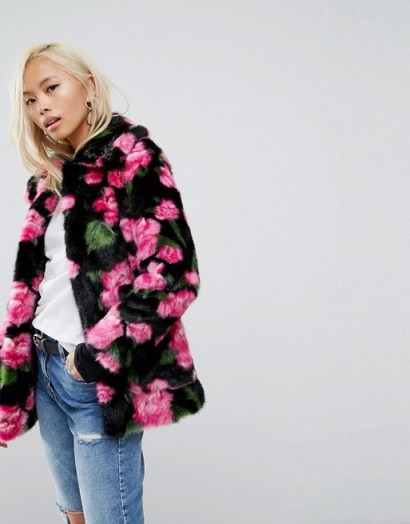 Jakke Mid Length Faux Fur Coat In Floral Print ~ fluffy rose print coats - flipped