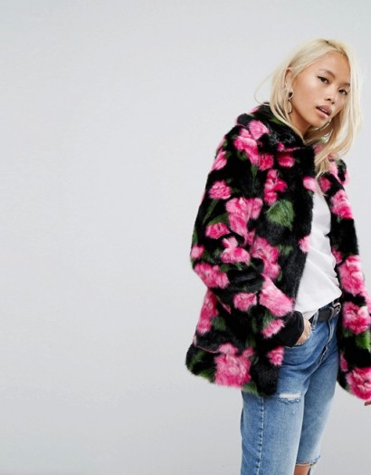 Jakke Mid Length Faux Fur Coat In Floral Print ~ fluffy rose print coats