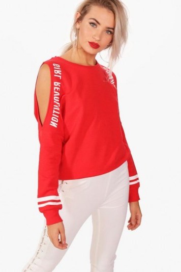 boohoo Jane Cold Shoulder Slogan T-Shirt – red long sleeved tops - flipped