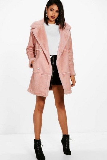 boohoo Jenny Bonded Faux Fur Coat ~ luxe style dusky-pink winter coats - flipped