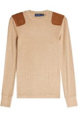 POLO RALPH LAUREN Jersey Top with Suede Shoulder Patches ~ camel-brown sweaters
