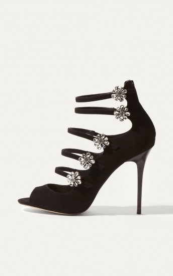 Karen Millen JEWEL DETAIL SUEDE SANDALS BLACK – statement heels – strappy evening shoes - flipped