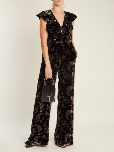 REBECCA TAYLOR Jewel wide-leg floral-print velvet jumpsuit / ruffled flower print jumpsuits