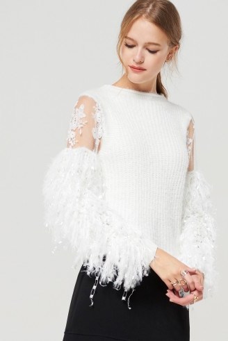 STORETS Judy Feather Knit Sweater | white feathered sweaters - flipped