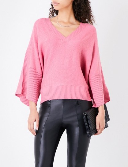 KAREN MILLEN Kimono cashmere-blend jumper | pink wide sleeve V-neck jumpers - flipped