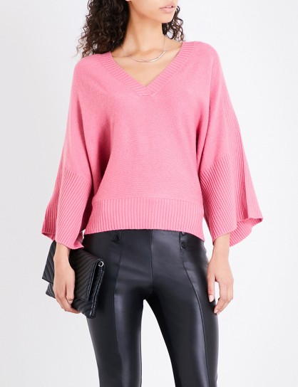 KAREN MILLEN Kimono cashmere-blend jumper | pink wide sleeve V-neck jumpers