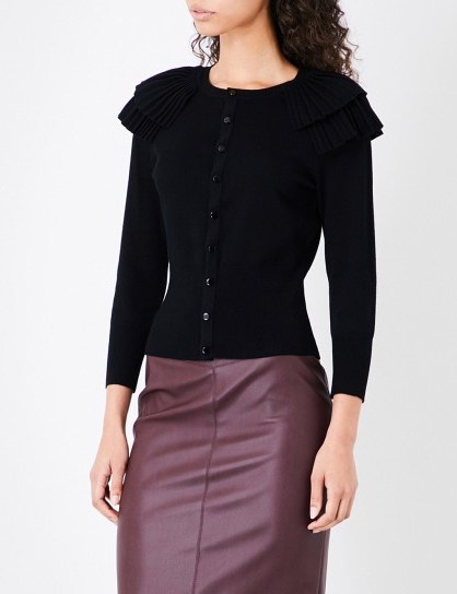 KAREN MILLEN Victoriana knitted cardigan | black frill shoulder cardigans - flipped
