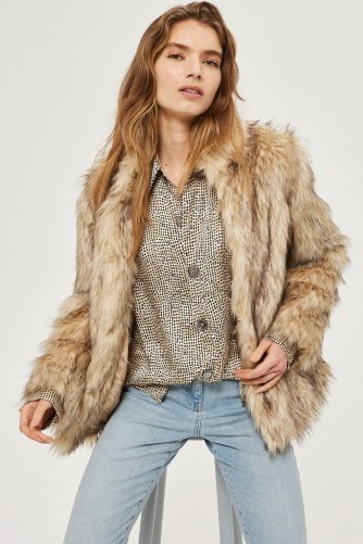 TOPSHOP Kendall Faux Fur Coat – fluffy beige winter coats – glamorous jackets - flipped