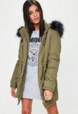 Missguided khaki hooded parka jacket | faux fur hood jackets