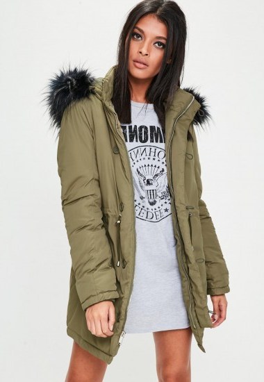 Missguided khaki hooded parka jacket | faux fur hood jackets - flipped