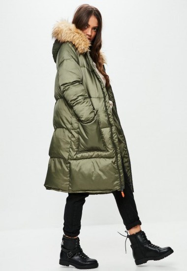 missguided khaki oversized faux fur hood padded jacket – stylish green winter coats - flipped