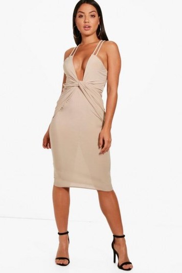 boohoo Kimberley Ruched and Knot Detail Midi Dress ~ plunge front party dresses - flipped
