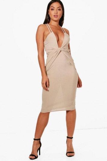 boohoo Kimberley Ruched and Knot Detail Midi Dress ~ plunge front party dresses
