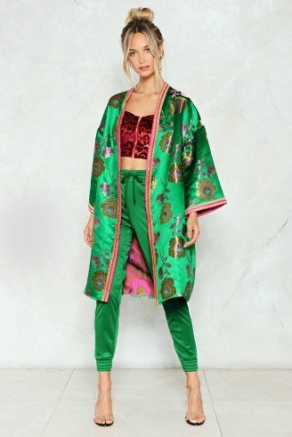Nasty Gal Kim-ono Over Jacquard Kimono ~ green floral satin kimonos ~ luxe style jackets - flipped