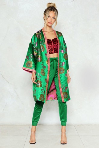 Nasty Gal Kim-ono Over Jacquard Kimono ~ green floral satin kimonos ~ luxe style jackets