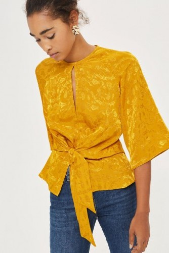 Topshop Knot Front Jacquard Blouse | mustard-yellow tie waist blouses - flipped