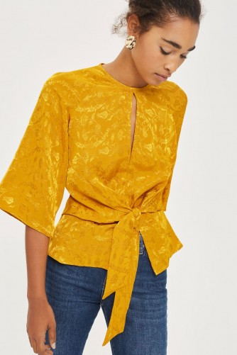 Topshop Knot Front Jacquard Blouse | mustard-yellow tie waist blouses