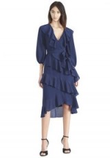 Alice + Olivia KYE V NECK RUFFLE DRESS W TIE ~ sapphire-blue tiered ruffle dresses