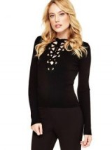 GUESS LACE-UP NECK SWEATER | black sweaters