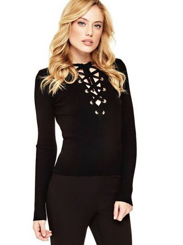 GUESS LACE-UP NECK SWEATER | black sweaters - flipped