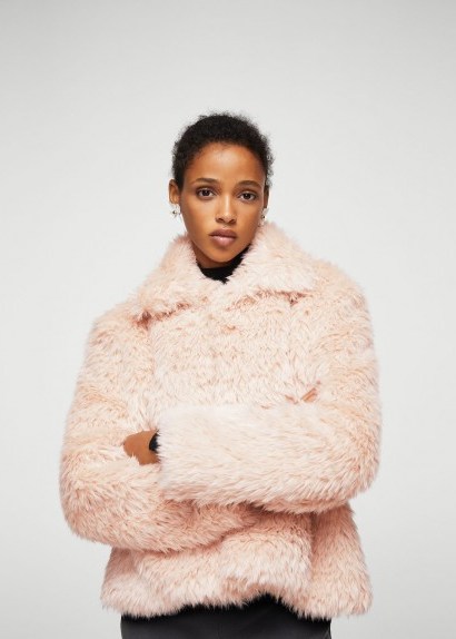 MANGO Lapels faux fur coat SOLAP – fluffy light pink winter coats - flipped