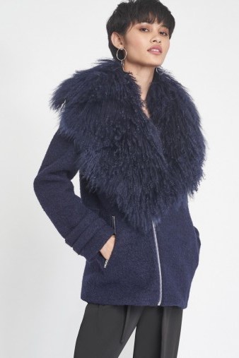 LAVISH ALICE Oversized Wool Shearling Coat in Navy ~ winter glamour ~ blue shaggy collared coats - flipped