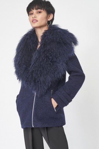 LAVISH ALICE Oversized Wool Shearling Coat in Navy ~ winter glamour ~ blue shaggy collared coats