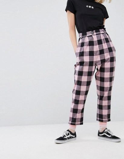 Lazy Oaf High Waist Peg Trousers In Flannel Check / black and pink checked pants - flipped