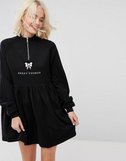 Lazy Oaf Zip Up Sweat Dress With Nobody Cares Zip Detail / slogan dresses/fashion - flipped