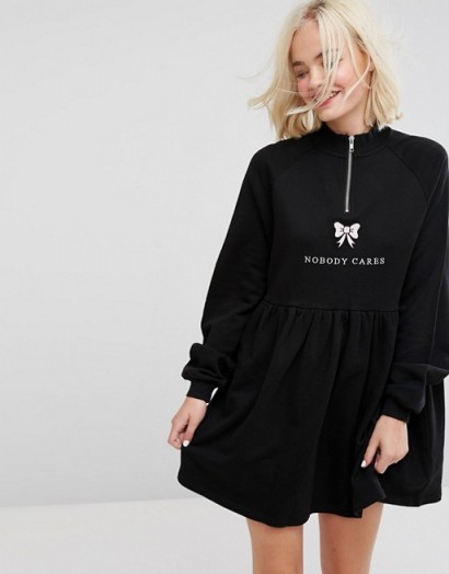Lazy Oaf Zip Up Sweat Dress With Nobody Cares Zip Detail / slogan dresses/fashion