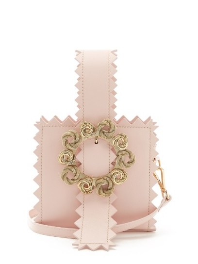 JACQUEMUS Le Sac Gitan zigzag-edged leather clutch bag ~ small pink square handbags ~ ornate round buckle & wristlet bags - flipped